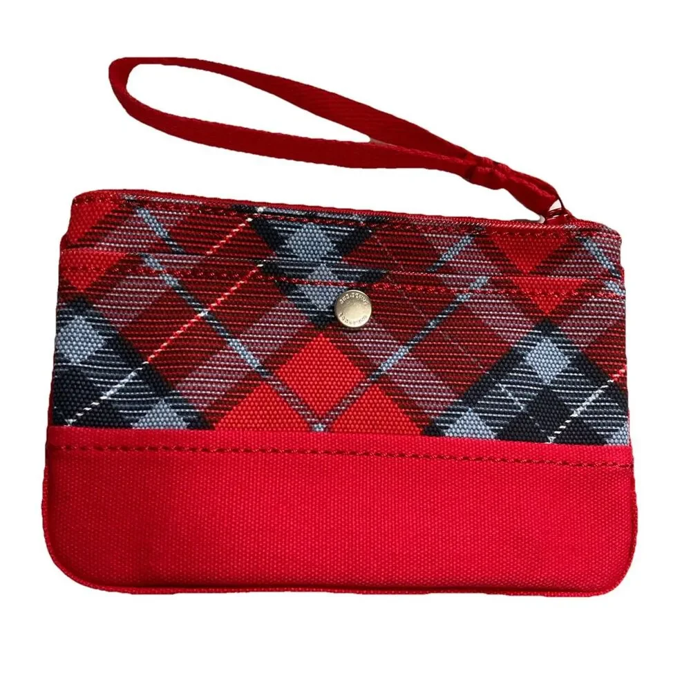 LANDS END Plaid Cotton Canvas Large Zip Pouch Purse Wristlet 8 x 5 x 0.5 inches